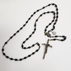 Vintage Rosary Black Beads Made in Italy Prayer Beads Catholic Crucifix 20"